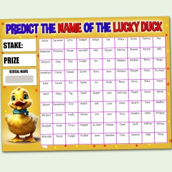 100 Names, A4 Size, Predict the Name of the Lucky Duck, Fundraising Scratch Card Fete Fayre Party