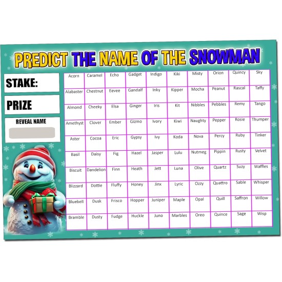 Predict the Name of the Snowman Christmas Fundraising Scratch Card Game