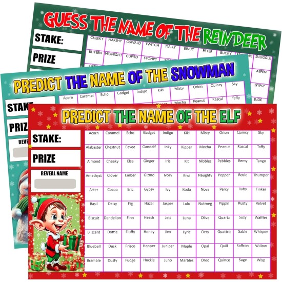 Pack of 3, 100 Names, A4 Size, Predict the Name of the Snowman, Reindeer and Elf Christmas Fundraising Scratch Card