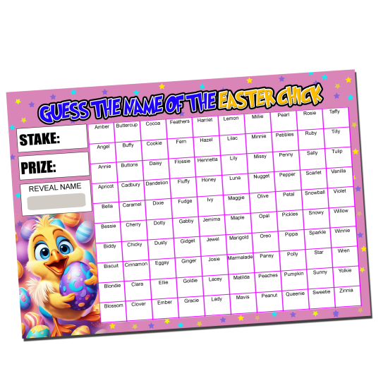 Pack of 3, 100 Names, A4 Size, Predict the Name of the Easter Bunny, Chick and Lamb Easter Fundraising Scratch Cards