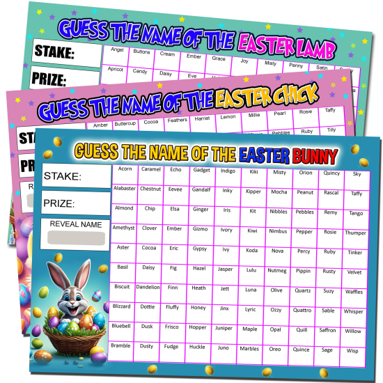 Pack of 3, 100 Names, A4 Size, Predict the Name of the Easter Bunny, Chick and Lamb Easter Fundraising Scratch Cards