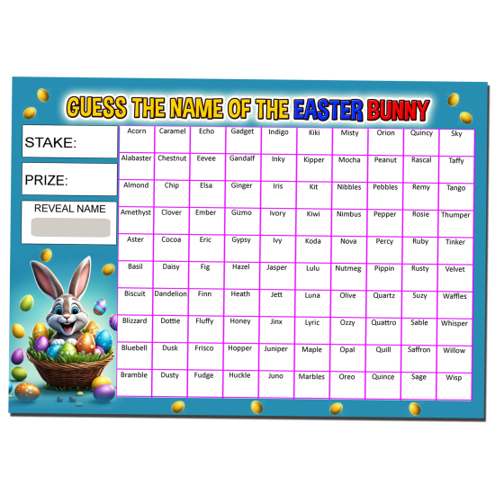 Pack of 3, 100 Names, A4 Size, Predict the Name of the Easter Bunny, Chick and Lamb Easter Fundraising Scratch Cards