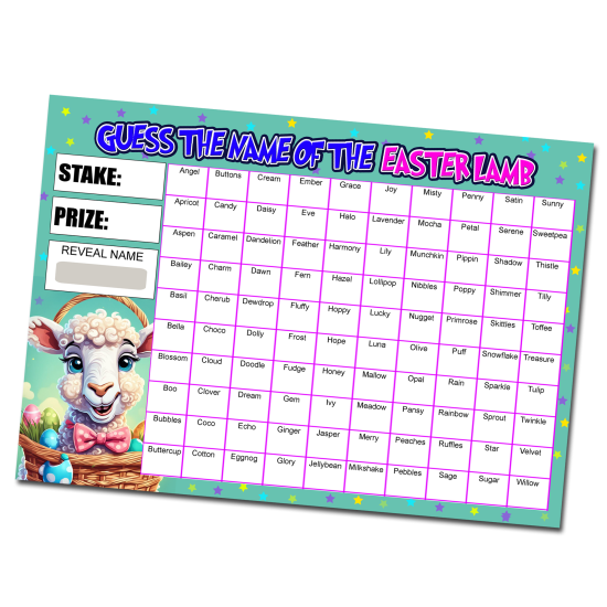 Pack of 3, 100 Names, A4 Size, Predict the Name of the Easter Bunny, Chick and Lamb Easter Fundraising Scratch Cards