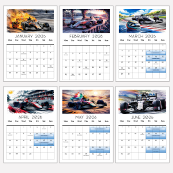 2026 Calendar Formula Racing Motorsports Events Dates, Driver Birthdays, A4 Size
