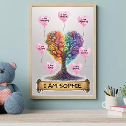Personalised Tree of Life Affirmation Wall Art Print, A4 Size 21x29.7 cm, Rainbow Colours