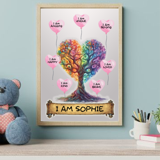 Personalised Tree of Life Affirmation Wall Art Print, A4 Size 21x29.7 cm, Rainbow Colours